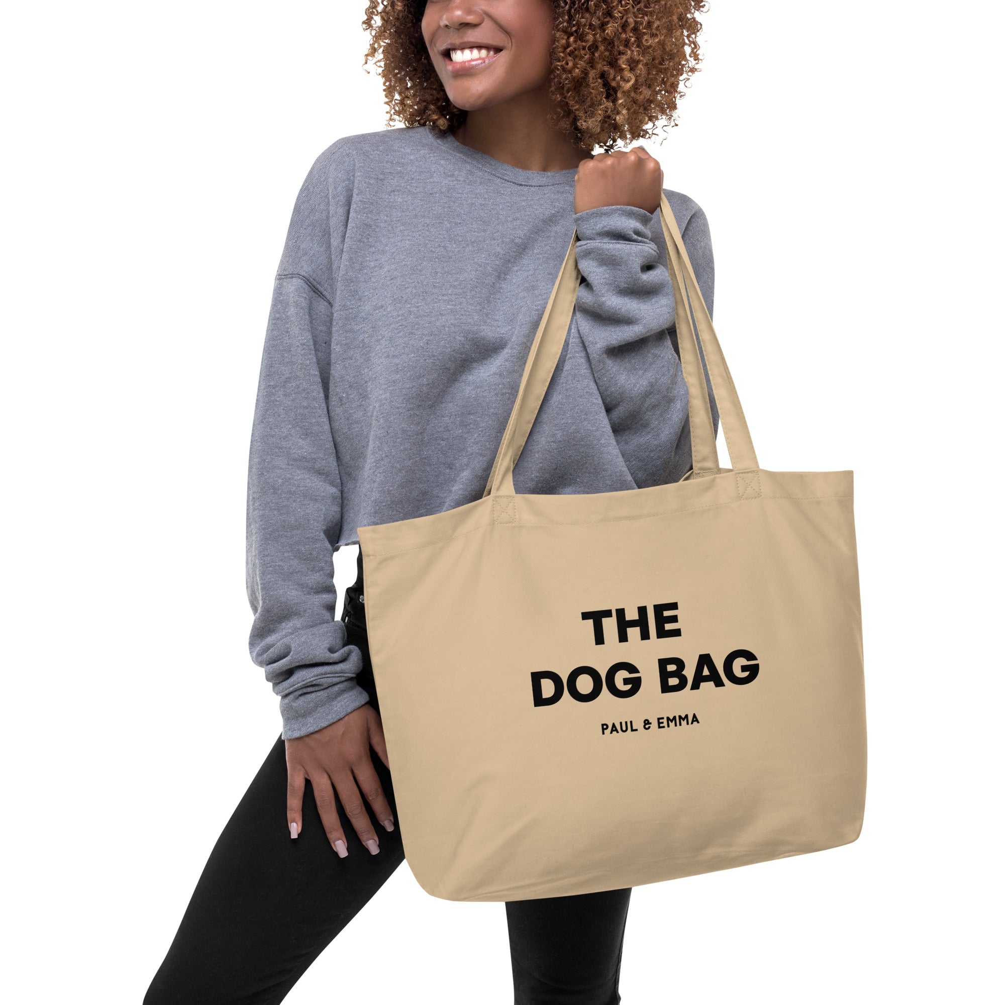 Beige Bio-Hundetasche aus GOTS-zertifizierter Baumwolle mit schwarzem Paul Emma Logo - nachhaltige Dog Bag